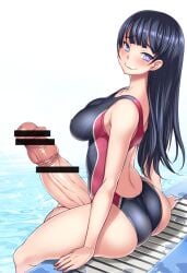 bar_censor bosshi censored erection futanari heart-shaped_pupils penis swimsuit testicles