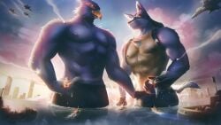 abs absurd_res aircraft airplane anthro avian beak blue_body boxer_briefs bulge canid canine city clothed clothing destruction detailed_bulge duo falco_lombardi fist forbiddendraws generation_4_pokemon genital_outline goes_hard green_eyes hi_res huge_filesize jet lucario macro male mammal muscular muscular_anthro muscular_male nintendo nipples non-mammal_nipples pecs pokemon pokemon_(species) red_eyes sea ship spines star_fox tail topless underwear vehicle water watercraft