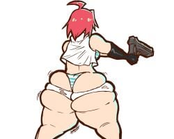 ass ass_focus big_ass bikini breasts fat_ass female female_only gun huge_ass luluco red_hair short_hair solo swimsuit thick_thighs trigger-chan uchuu_patrol_luluco weapon