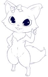 :3 bow breasts chest_tuft clitoris feline female fluffy fluffy_tail garnet_(jewelpet) gesture jewelpet jewelpet_(species) jewelry looking_at_viewer mammal navel neck_tuft necklace nipples pussy rawrunes ribbons sanrio sketch small_breasts smile solo tuft v wide_hips