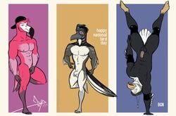 abs anthro avian balls bgn bird elbow_pads feathers flamingo group handstand hat knee_pads male male_only muscular nipples nude penis whistle