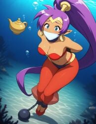 1girls about_to_drown ai_generated arms_tied_behind_back asphyxiation ball_and_chain blue_eyes bondage bound_ankles crackajack777 drowning female gag gagged magic_lamp over_the_mouth_gag peril pointy_ears purple_hair reference shantae shantae_(character) solo underwater underwater_peril underwater_peril_aladdin wayforward