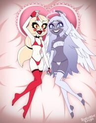 2girls angel angel_wings arm_over_head barefoot blonde_female blonde_hair blonde_hair blonde_hair_female blue_eyes blue_sclera charlie_morningstar charlie_morningstar_(hazbin_hotel) crown demon_girl emily_(hazbin_hotel) feet feet fingerless_gloves gloves green_skin grey_body grey_hair hand_holding hand_over_head hazbin_hotel lingerie long_gloves long_hair looking_at_viewer on_back on_bed open_mouth pale-skinned_female pale_skin pin-up pin_up pinup posing posing_for_the_viewer red_eyes slim_girl smile smiley_face smiling smiling_at_viewer solo_female spellcaster_knight stockings wings yellow_sclera