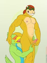 anal anthro avian balls bird duo erection furry furry_only gay gay_rimjob humanoid_penis koopa male mario_(series) nintendo nipple_piercing nipples no_humans nude open_mouth oral penis piercing precum rimming roommates_(comic) scalie sex smile sparkx spelunker_sal standing tongue tongue_out vein video_games yaoi