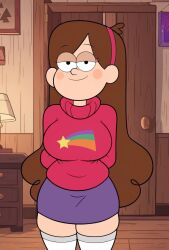 1girls accurate_art_style aged_up ai_generated bedroom_eyes disney_xd female front_view gravity_falls hairband hands_behind_back indoors large_breasts long_hair looking_at_viewer mabel_pines open_smile skirt smile smiling_at_viewer solo sweater thick_thighs thighhighs three-quarter_portrait upper_body