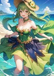 1girls :d ai_generated armlet bangs bare_shoulders beach blue_sky blush bracelet breasts brown_headwear choker cleavage cloud collarbone covered_navel crossed_bangs day detached_sleeves dress earrings feet_out_of_frame floating_hair flower gold_trim green_choker green_dress green_eyes green_hair green_nails hair_between_eyes hat hat_flower jewelry large_breasts long_hair looking_at_viewer medium_breasts natsuyoru neck_ring necklace ocean open_mouth outdoors skirt skirt_hold sky smile solo standing strapless strapless_dress straw_hat sun_hat teeth thighs unnamed_character upper_teeth_only wading water white_flower