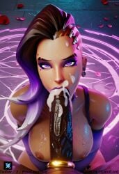 3d ai_generated big_ass big_breasts bra cameltoe cock_ring cum cum_in_mouth cum_on_face dark-skinned_male latina multicolored_hair overwatch overwatch_2 pornlandlord purple_background purple_eyes shorts sombra thick thick_thighs wet