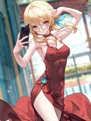 absurd_res ai_generated cellphone dress elegant_dress genshin_impact glasses lumine_(genshin_impact) medium_breasts ministro nipples nipples_visible_through_clothing no_bra phone selfie solo