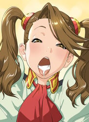 bangs blush breasts brown_eyes brown_hair cum cum_in_mouth cum_on_tongue eyebrows female female game_cg gundam gundam_build_fighters gundam_build_fighters_try half-closed_eyes kotoyoshi_yumisuke long_hair looking_at_viewer open_mouth sazaki_kaoruko shiny shiny_skin solo sweat teeth tongue tongue_out twintails uniform upper_body