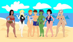 1boy 6girls alien alien_girl amphibian artist_request asian asian_female attea beach ben_10 ben_10_alien_force ben_10_omniverse ben_tennyson bikini black_hair blonde_hair breasts brown_hair charmcaster dark-skinned_female dark_skin female frog frog_girl goggles goggles_on_head green_skin gwen_tennyson gwen_tennyson_(classic) harem helmet humanoid incursean julie_yamamoto kai_green lenopan lucy_mann multiple_girls native_american one-piece_swimsuit orange_hair princess swimsuit yellow_sclera