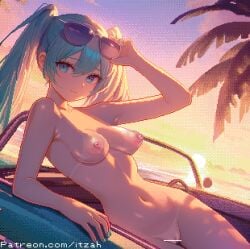 adjusting_eyewear bar_censor breasts censored closed_mouth completely_nude dithering evening eyewear_on_head female halterneck hatsune_miku itzah long_hair looking_at_viewer medium_breasts navel nipples nude outdoors palm_tree pixel_art pussy smile solo sunglasses sunset tree twintails vocaloid