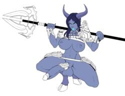 1futa armor big_balls big_penis blue_skin cyan_eyes draenei futa_only futanari highres intersex pzero shoulder_pads simple_background sketch solo_futa squatting unfinished warcraft weapon weapon_over_shoulder white_background world_of_warcraft