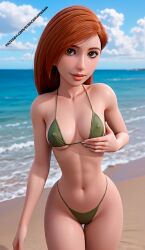 1girls 3d 3d_art ai_art ai_generated beach bikini bikini_bottom bikini_top brunette_female curvaceous disney disney_channel exposed_midriff exposed_shoulders exposed_torso female female_only green_bikini green_bikini_bottom green_bikini_top green_eyes hentai hourglass_figure kim_possible kimberly_ann_possible light-skinned_female light_skin midriff nature orange_hair orange_hair_female partially_clothed partially_clothed_female patreon patreon_link patreon_url sea_background semi-naked semi-nude semi_nude shoulders skinny solo standing standing_position sunny_beach thin_body thin_waist