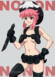 1girls alternate_breast_size bandolier black_socks breasts female female_only gloves hat jakuzure_nonon kill_la_kill knife medium_breasts nudist_beach_uniform pink_eyes pink_hair pouch skull solo thigh_highs thighhighs thighs