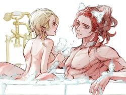 1boy 1girls bathing bathtub blonde_female blonde_hair diluc_(genshin_impact) female genshin_impact long_hair_male lumine_(genshin_impact) male male/female mixed_bathing muscular_male nude red_eyes red_hair root_(050710root) shirtless short_hair_female straight topless washing washing_another