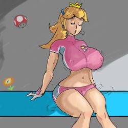 2d 2d_(artwork) blonde_hair closed_eyes female female_focus female_only giant_breasts huge_breasts isquashyou mario_(series) mario_strikers ponytail princess_peach sweat wide_hips