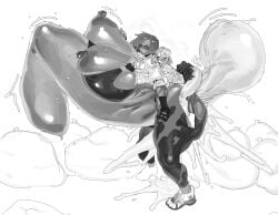2girls absurd_res absurdres ballsack black_and_white blush blushing bowlboxer bridget commission condom cum cum_in_pussy cum_inflation cum_inside cum_overflow cumflation excessive_cum filled_condom giovanna_(guilty_gear) guilty_gear guilty_gear_strive hair hi_res highres huge_breasts human hyper hyper_balls hyper_breasts hyper_penis inflation khentaiu male_on_female nipple_slip nipples overflowing_cum scrotum sex small_but_hung small_dom_big_sub stomach_bulge testicles thick_thighs thighs tits