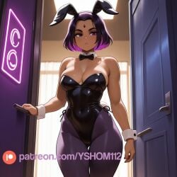 1girls ai_assisted ai_generated belly belly_button big_breasts bowtie breasts bunny_ears bunny_girl bunnysuit busty cleavage jewel_on_forehead light-skinned_female patreon purple_hair raven_(dc) seductive_look sexy thick_thighs tight_clothing yshom112