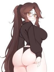 big_ass big_breasts brown_hair clothing glasses half_dressed holding_ass long_hair mostly_clothed panties skyaboveme thong white_skin