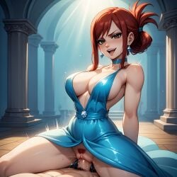 ai_generated choker cleavage cowgirl_position earrings erza_scarlet fairy_tail folded_ponytail gown large_breasts long_dress luxury payop plunging_neckline pony_diffusion_xl revealing_clothes slit_dress smile smug vaginal_sex