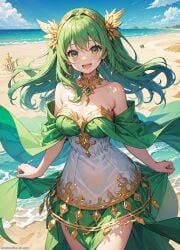 1girls :d ai_generated bangs bare_shoulders beach blue_sky blush breasts chair cleavage cloud collarbone covered_navel cowboy_shot day detached_collar dress earrings floating_hair gold_trim green_dress green_eyes green_gemstone green_hair hair_intakes hair_ornament jewelry large_breasts long_hair looking_at_viewer medium_breasts natsuyoru neck_ring ocean off-shoulder_dress open_mouth outdoors sand sand_castle sand_sculpture see-through shawl skirt_hold sky smile solo standing strapless strapless_dress teeth thighs unnamed_character upper_teeth_only water white_dress