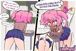 2d 2d_(artwork) 2d_artwork ?! among_us_reference anger_vein artist_name ass blue_skirt butt ceebruzzi cute doki_doki_literature_club embarrassed english_text motion_lines natsuki_(doki_doki_literature_club) panties petite petite_body petite_female pink_hair polka_dot polka_dot_panties skirt text wedgie wedgied_female weeb