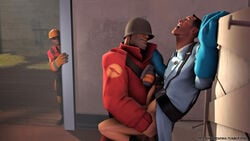 2boys 3boys 3d against_wall anal_sex bottomless_male clothed daesdemona engineer erection eyes_closed gay glasses gloves goggles hard_hat helmet male medic medic_(team_fortress_2) mouth_open partially_clothed penis pleasure_face soldier suspended_congress team_fortress_2 voyeur voyeurism watching yaoi