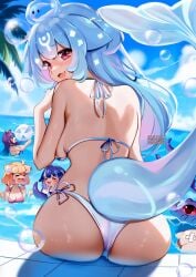 >_< 4girls :d animal_ears ass ball bangs bao_(vtuber) beach beachball bikini blonde_hair blue_hair blue_sky blush breasts bubble closed_eyes cloud cloudy_sky day dutch_angle eyebrows_visible_through_hair from_behind horns large_breasts long_hair looking_at_viewer looking_back multiple_girls ocean oerba_yun_fang open_mouth outdoors palm_tree partially_submerged pink_eyes pool purple_hair red_eyes short_hair side-tie_bikini sky smile splashing squchan striped sunlight swimsuit tail tree wading water water_drop white_bikini