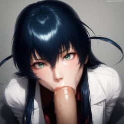 :>= ai_generated blowjob clothed clothed_sex clothing coat dark_blue_hair drool eye_contact eyelashes fellatio green_eyes hair_between_eyes igawa_asagi long_eyelashes long_hair looking_at_viewer nai_diffusion oral oral_sex penis pov pov_eye_contact pujopg shiny_hair sidelocks simple_background sucking sucking_penis taimanin_(series) taimanin_asagi