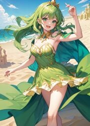 1girls :d ai_generated arm_up armpits bangs bare_arms bare_legs bare_shoulders beach blue_sky blush breasts cape cleavage cloud crown day detached_collar dress earrings feet_out_of_frame floating_hair gold_trim green_cape green_dress green_eyes green_hair hand_up jewelry long_hair looking_at_viewer medium_breasts natsuyoru ocean open_mouth outdoors sand sand_castle sand_sculpture sky smile solo standing strapless strapless_dress teeth thighs tiara unnamed_character upper_teeth_only water