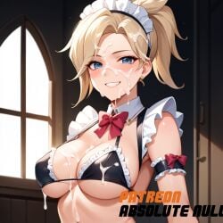 absolute_null ai_generated breasts cum cum_on_breasts cum_on_face looking_at_viewer maid maid_headdress maid_uniform mercy mercy_(overwatch) overwatch skimpy_clothes smile solo