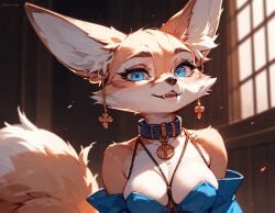 ai_generated blue_eyes character_name:kathi collar fox_ears fox_tail nipple_slip nipples original_character priest vulpera_female world_of_warcraft