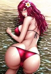 ai_generated ass ass_focus beach bikini bikini_top breasts devola female female_only flower flower_in_hair green_eyes large_breasts looking looking_back lying lying_on_back nier:_automata nier_(series) nier_replicant pale-skinned_female red_hair smile sunrise upper_body wavy_hair