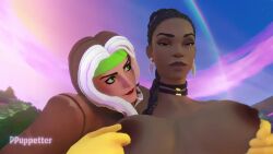 2girls 3d 3d_animation ass breast_play breasts breasts_out dark-skinned_female dark_skin effectively_nude female female_only fingering fingering_pussy fortnite gloves holding_breast holding_breasts kissing light-skinned_female marvel nipples orgasm puppetter rogue_(fortnite) rogue_(x-men) shuri_(marvel) sound standing tagme video wet_pussy yuri