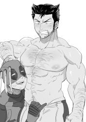 1hao_(@cerbero64) 2boys abs arm_hair bara beard blood blood_on_clothes bodysuit chest_hair claw_(weapon) clenched_teeth clothes_grab collarbone deadpool deadpool_&_wolverine_(2024) facial_hair gay gloves hairy head_on_another's_stomach impaled large_pectorals logan_(x-men) looking_at_another male_focus marvel marvel_cinematic_universe mask mask_lift mature_male multiple_boys muscular muscular_male nipples open_mouth pectorals short_hair smile stab superhero_costume sweat teeth thighs topless_male veins veiny_arms wade_wilson weapon wolverine_(x-men) x-men yaoi