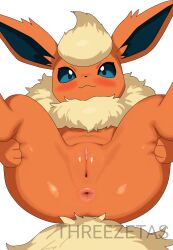 anus blush blushing blushing_at_viewer canid canine eeveelution female flareon furry generation_1_pokemon hi_res looking_at_viewer mammal nintendo pokemon pokemon_(species) pussy simple_background solo solo_female spread_legs tail threezetas