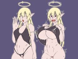 adamas_(draenorkiller) areolae blonde_hair breast_growth draenorkiller elf goddess halo lactation large_breasts pointy_ears pussy red_eyes sweat trembling underboob wide_hips