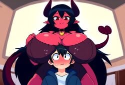 1boy ai_generated breast_on_head breasts_bigger_than_head demon demon_girl female height_difference human imminent_sex interspecies mullon nameless_character nervous novelai original original_character red_body red_skin top_heavy