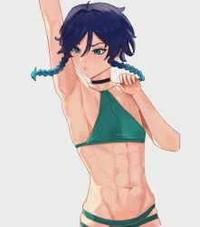 abs arupi_art braids genshin_impact male male_only nipples_visible_through_clothing shirtless_male swimsuit venti_(genshin_impact)