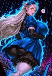 absurd_res ai_assisted ai_generated atlus back_view big_breasts bloomers blue_dress city city_background cityscape elbow_gloves giantess growth hair_ornament huge_ass lavenza long_hair macro_female macrophilia megami_tensei neon_lights pantyhose persona persona_5 platinum_blonde_hair puffy_sleeves raining tall_female thick_thighs video_game_character wide_hips yellow_eyes