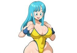 1girls ai_generated blue_eyes blue_hair curvy dragon_ball dragon_ball_z female maron mullon swimsuit voluptuous voluptuous_female wide_hips