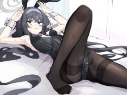 bags_under_eyes bed blue_archive bunny_ears bunny_girl bunnysuit feet kilabo legs_apart looking_at_viewer on_bed pantyhose sweat ui_(blue_archive)