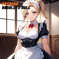 absolute_null ai_generated blonde_hair cleavage looking_at_viewer maid maid_headdress maid_uniform mercy mercy_(overwatch) overwatch smile smiling smiling_at_viewer solo standing