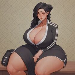 ai-created black_hair curvaceous female huge_breasts human hyper_ass yellow_eyes