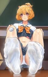 animal_ears bandage bare_legs belly blonde_hair bowtie cropped_shirt feet female female_only foot_fetish foot_focus greek_toe hair_ornament nikishiko panties pink_eyes ponytail school_uniform schoolgirl sitting skirt socks steam sweaty sweaty_feet toes toes_scrunch toes_spread