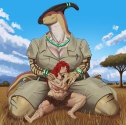 2024 anthro anthrofied barely_clothed breasts cavewoman dinosaur dinosaur_girl goldcrustedchicken long_neck nipples pen pubic_hair red_hair story_at_source tail