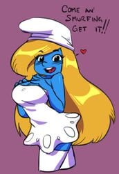 ! black_eyes blonde_hair blue_skin breasts cleavage clothed cowboy_shot curvy darkeros13 dialogue dress english_text eyelashes female female_only front_view hands_on_breasts hat heart highres humanoid inviting large_breasts long_hair open_smile purple_background shiny_hair simple_background smile smurfette solo speech_bubble spoken_heart standing talking_to_viewer text the_smurfs thedarkeros thighhighs very_long_hair white_dress