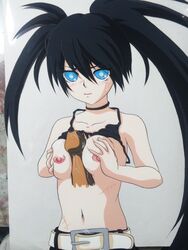 1boy 1girls :x black_hair black_rock_shooter black_rock_shooter_(character) blue_eyes blush bra breast_squeeze breasts disembodied_penis medium_breasts paizuri penis scars tears