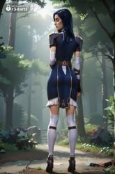 1girls ai_generated arcane arcane_caitlyn armor artist_name ass belt black_footwear black_gloves blue_dress blue_hair boots caitlyn_kiramman closed_mouth day dress elbow_gloves fingerless_gloves forest from_behind full_body gloves hi_res high_heels league_of_legends long_hair looking_back nature netflix outdoors over-kneehighs r34arts riot_games short_sleeves shoulder_armor solo standing thighhighs tree web_address white_thighhighs