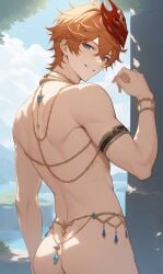 1boy ai_generated ass blue_eyes childe_(genshin_impact) genshin_impact grin male male_only middle_eastern_clothing muscular orange_hair oriental_clothing solo solo_male source_request tartaglia_(genshin_impact) toned